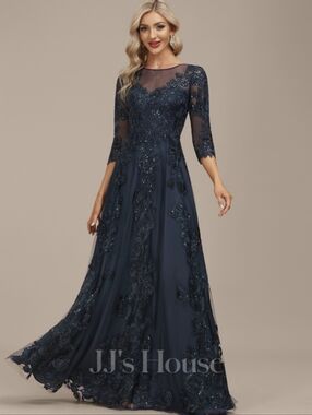 Embellished Navy Illusion-Sleeve Maxi Dress